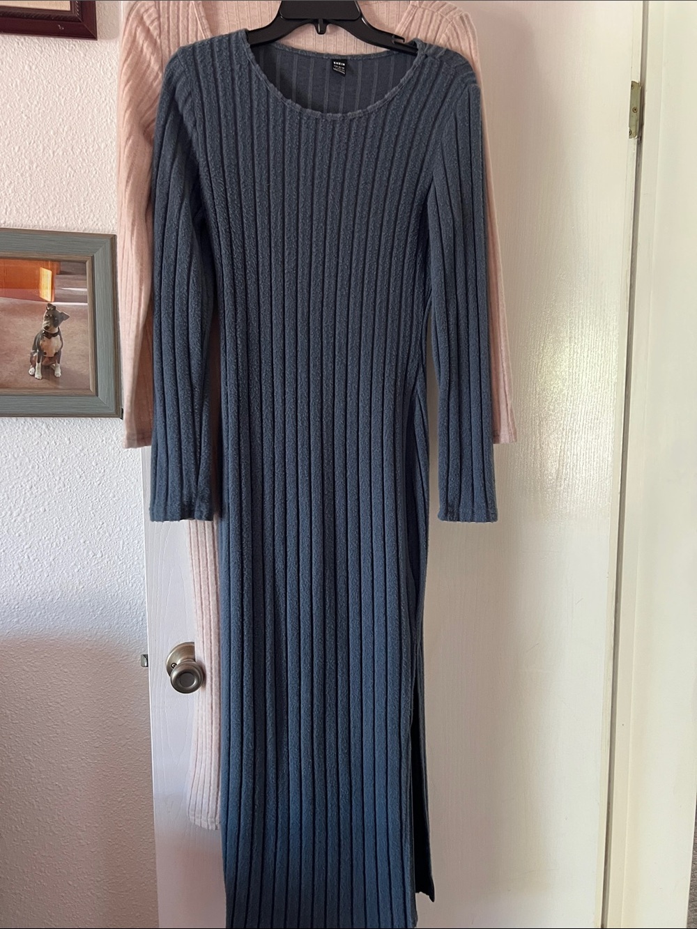 SHEIN Slate Blue Ribbed Long Sleeve Maxi Dress